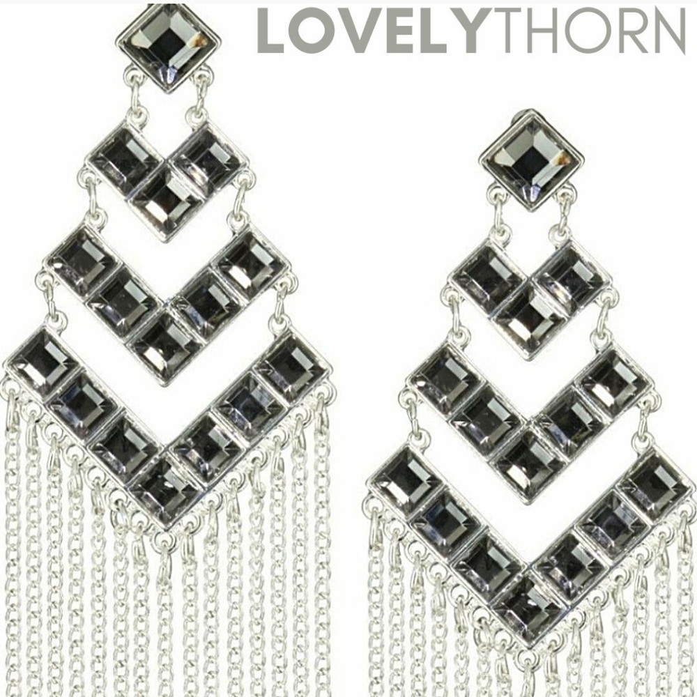 JULES SMITH // ltd ed art deco hematite crystal silver chain fringe earrings